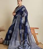 Navy blue zari work silk blend saree with blouse