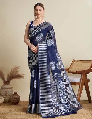 Navy blue zari work silk blend saree with blouse 2