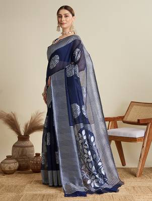 Navy blue zari work silk blend saree with blouse 3