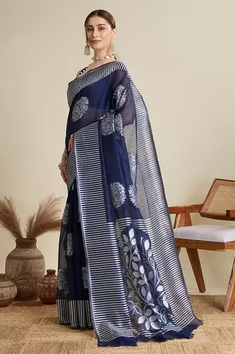 Navy blue zari work silk blend saree with blouse