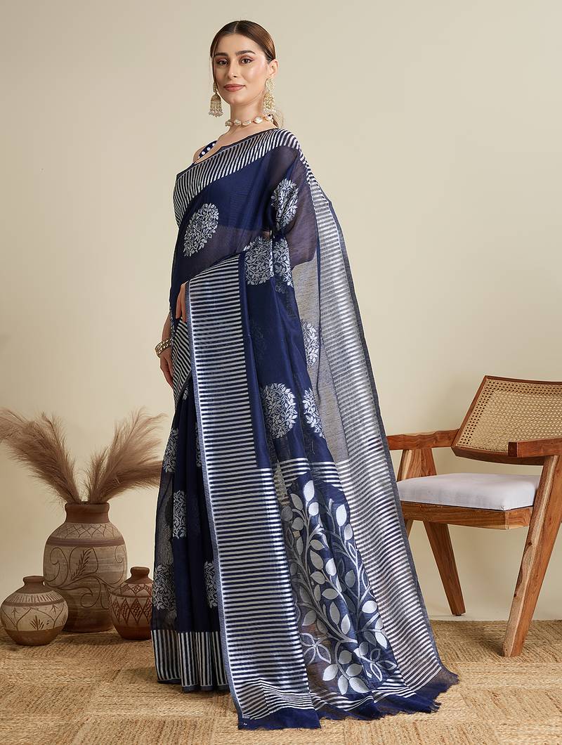 Navy blue zari work silk blend saree with blouse
