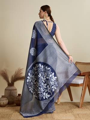 Navy blue zari work silk blend saree with blouse 4