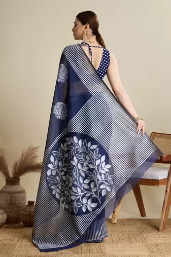 Navy blue zari work silk blend saree with blouse