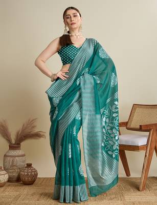 Green zari work silk blend saree with blouse 1