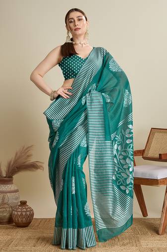 Green zari work silk blend saree with blouse