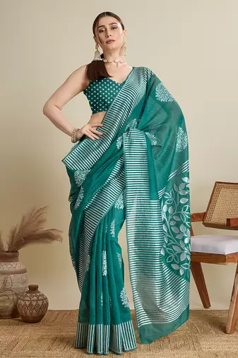 Green zari work silk blend saree with blouse