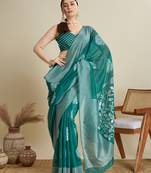 Green zari work silk blend saree with blouse