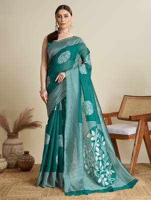 Green zari work silk blend saree with blouse 2