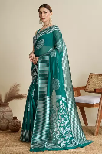 Green zari work silk blend saree with blouse