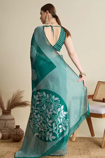 Green zari work silk blend saree with blouse