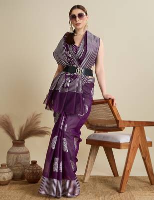 Wine zari work silk blend saree with blouse 1