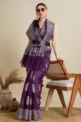 Wine zari work silk blend saree with blouse