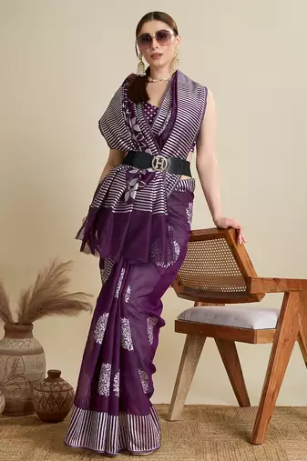 Wine zari work silk blend saree with blouse