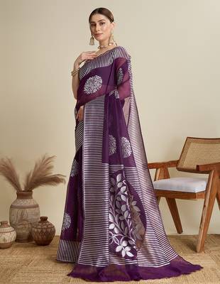 Wine zari work silk blend saree with blouse 3