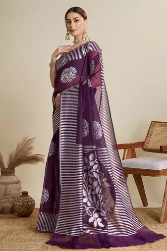 Wine zari work silk blend saree with blouse