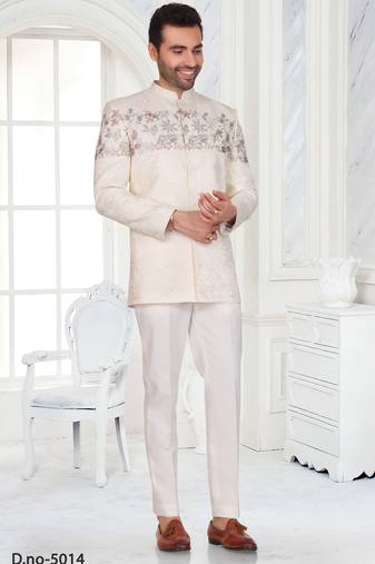 White floral embroidered jodhpuri suit for men