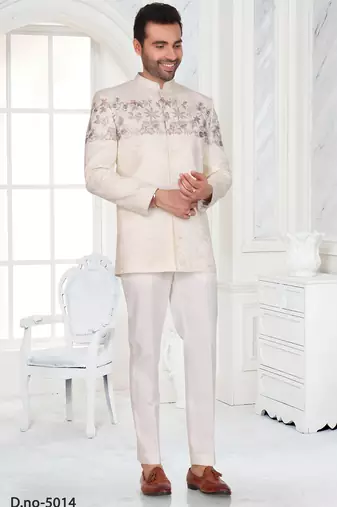 White floral embroidered jodhpuri suit for men