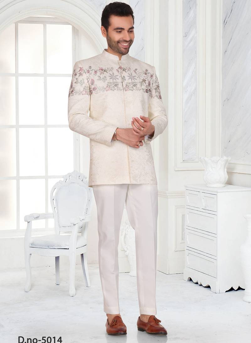 White floral embroidered jodhpuri suit for men