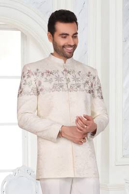 White floral embroidered jodhpuri suit for men 2