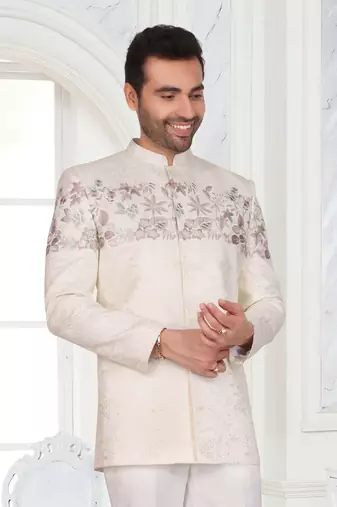 White floral embroidered jodhpuri suit for men