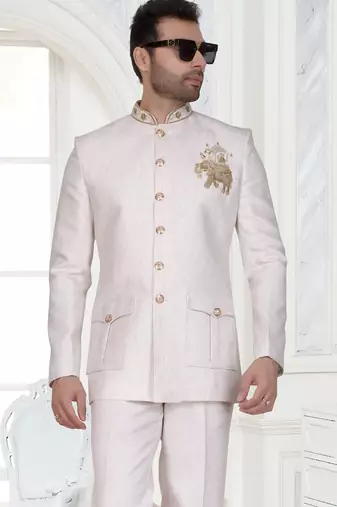 Off white embroidered jodhpuri suit for men