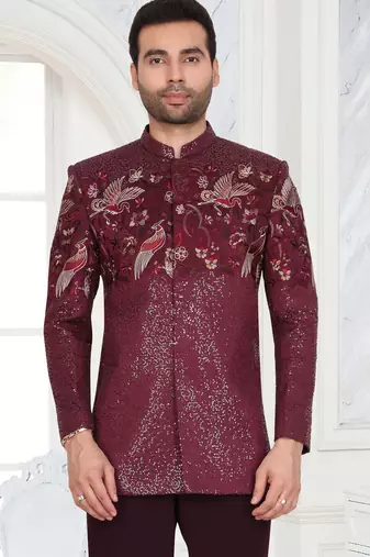 Maroon embroidered jodhpuri suit for men