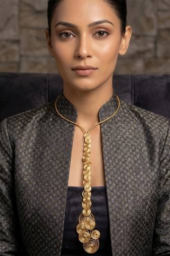 Gold metallic long drop necklace