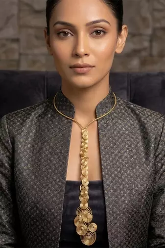 Gold metallic long drop necklace