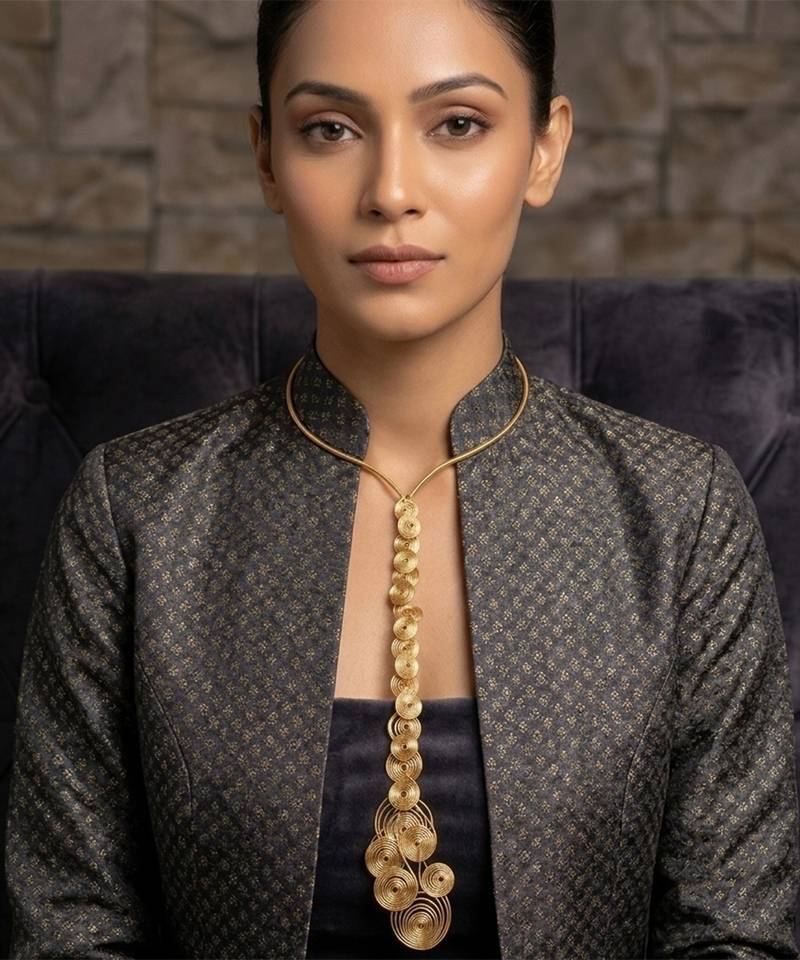 Gold metallic long drop necklace