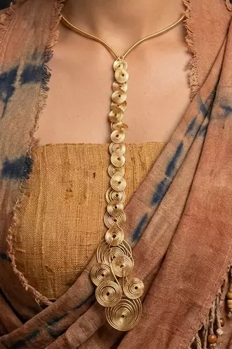 Gold metallic long drop necklace