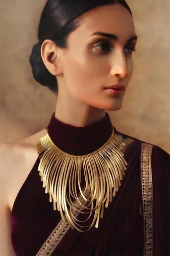 Golden fringe bib collar necklace