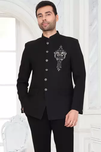 Black metallic embroidered jodhpuri suit for men