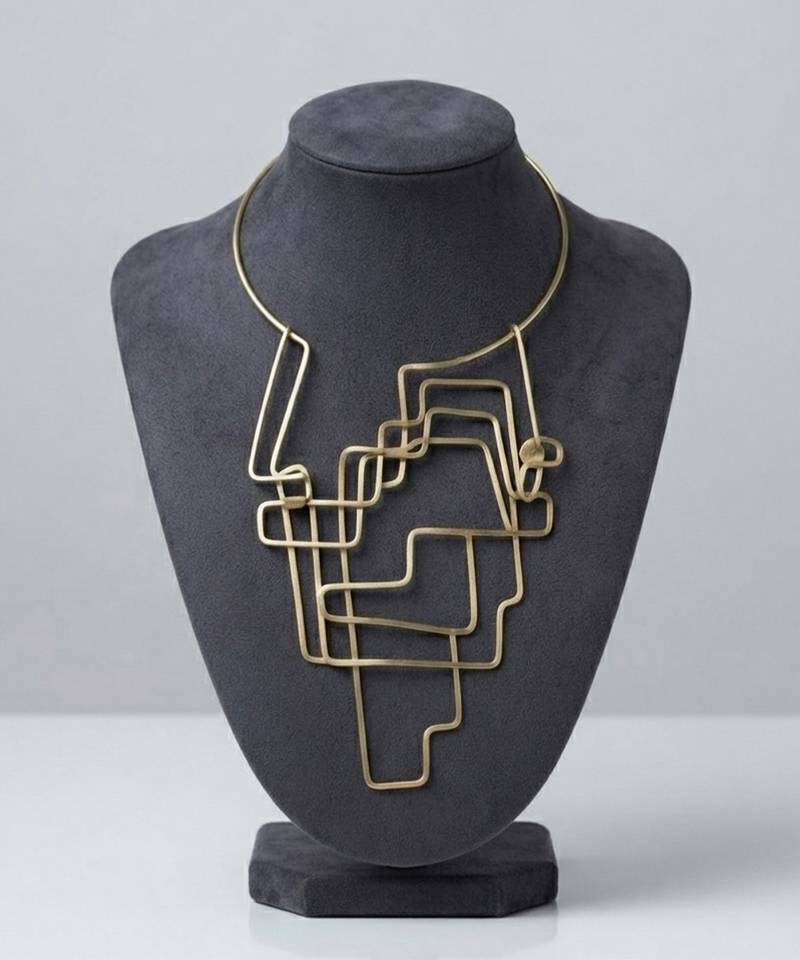 Gold metallic wire maze choker necklace