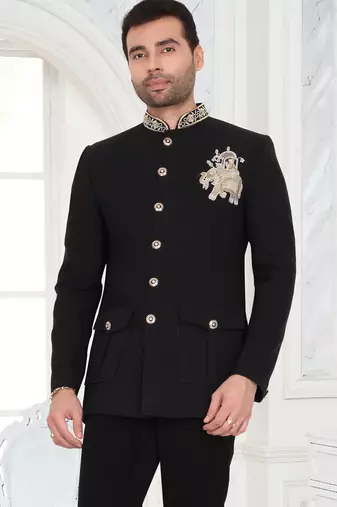 Black regal embroidered bandhgala suit