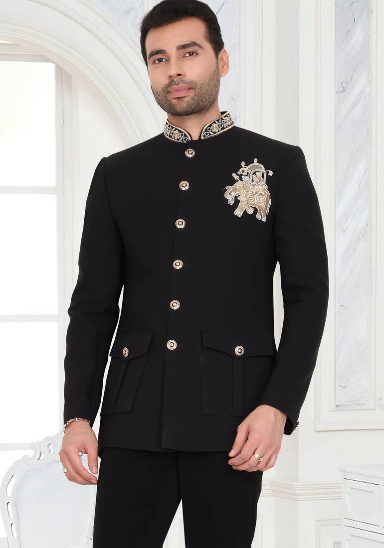 Black regal embroidered bandhgala suit
