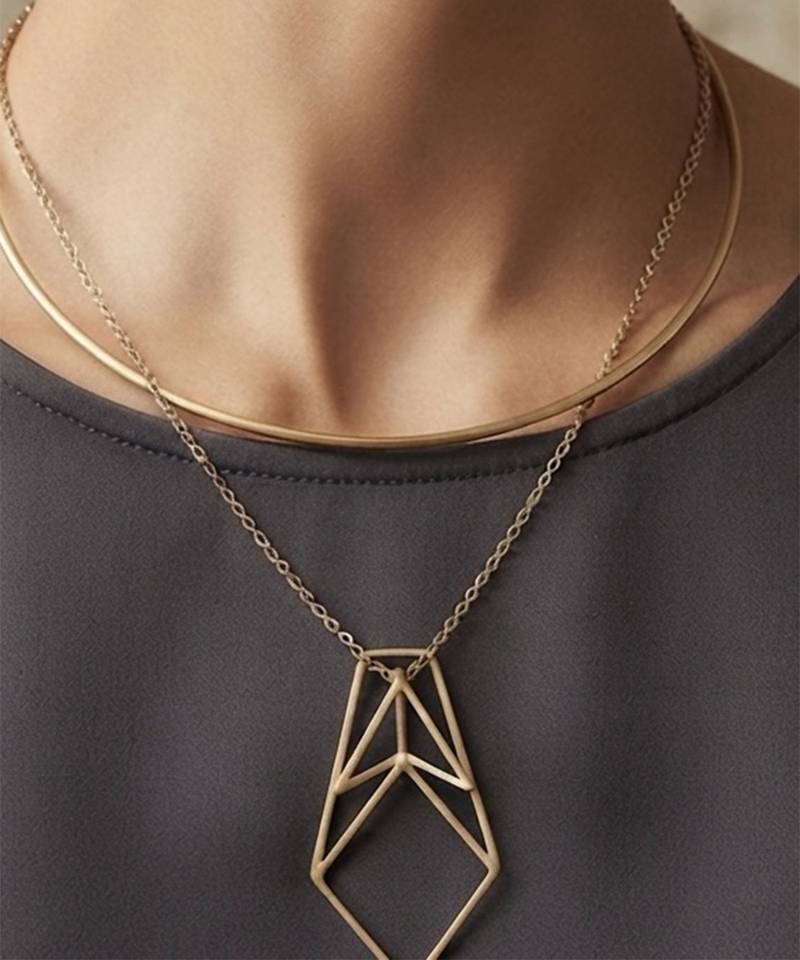 Gold metallic layered collar pendant necklace