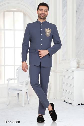 Slate blue embroidered bandhgala suit for men