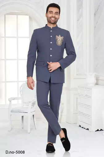 Slate blue embroidered bandhgala suit for men