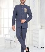 Slate blue embroidered bandhgala suit for men