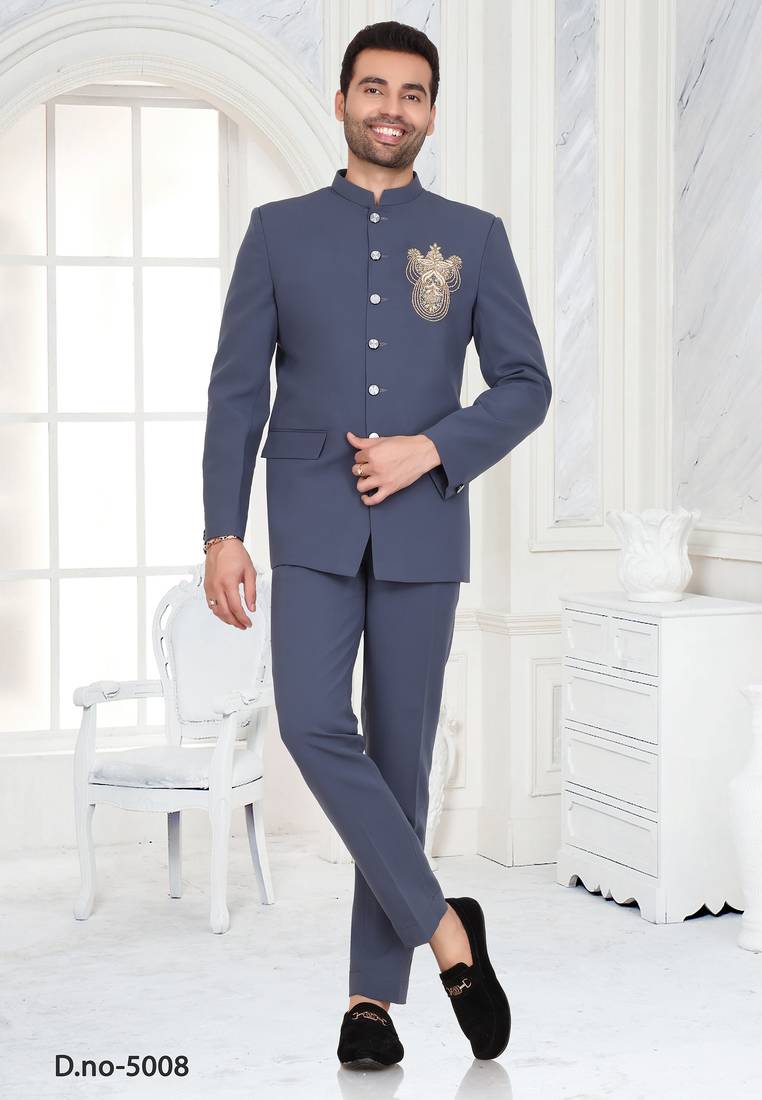 Slate blue embroidered bandhgala suit for men