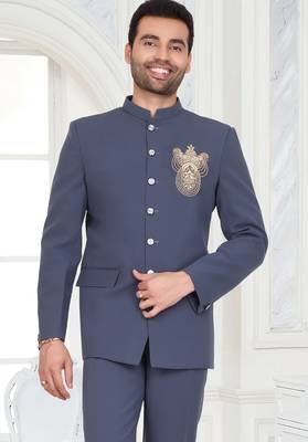 Slate blue embroidered bandhgala suit for men 2