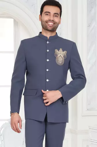 Slate blue embroidered bandhgala suit for men