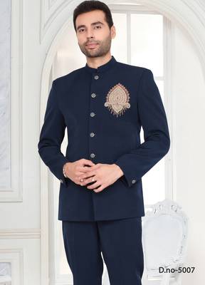 Navy blue designer bandhgala suit for men 1