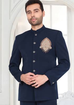 Navy blue designer bandhgala suit for men 2