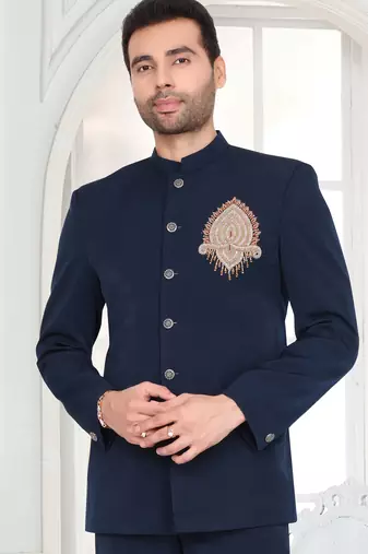 Navy blue designer bandhgala suit for men