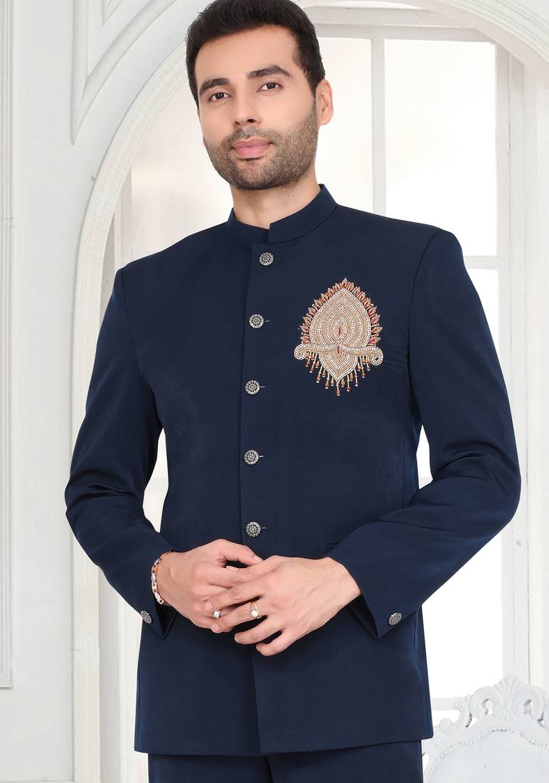 Navy blue designer bandhgala suit for men