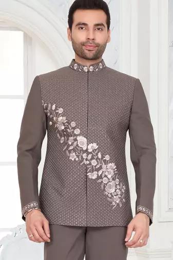 Brown floral embroidered jodhpuri suit for men