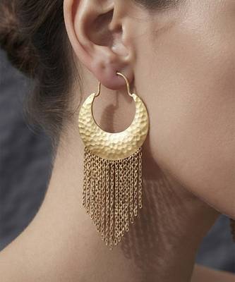 Gold hammered hoop fringe earrings 1