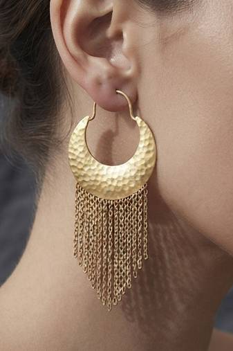 Gold hammered hoop fringe earrings