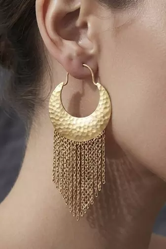 Gold hammered hoop fringe earrings